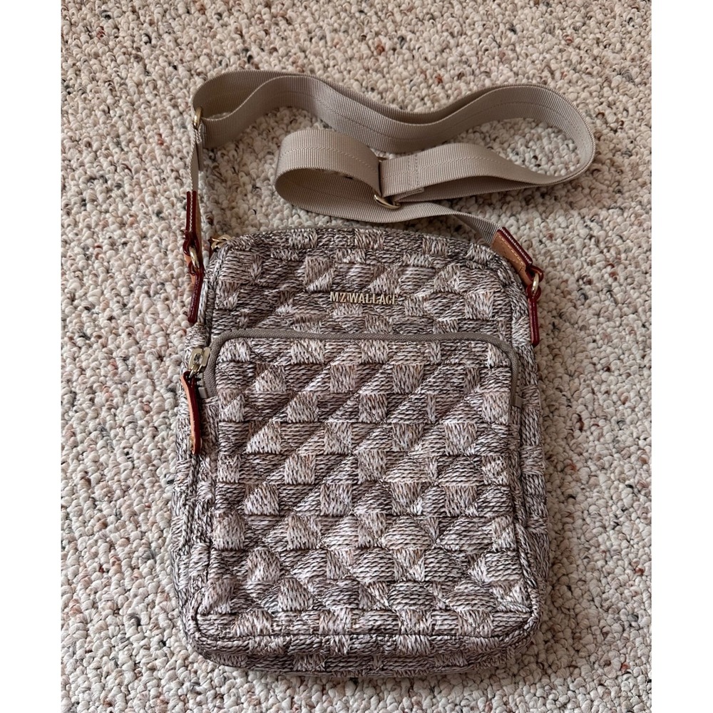 MZ Wallace Metro Crossbody Bag Quilted Woven Print Neutral Gold Hardware